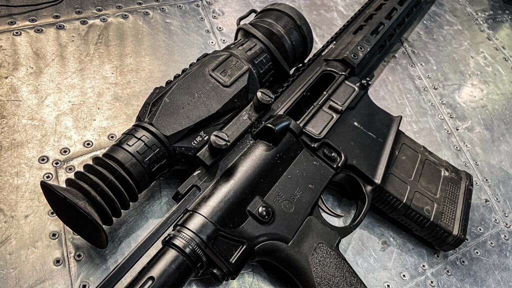 A sightmark wraith night vision infrared scope on an AR-10 rifle